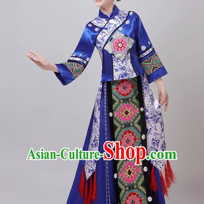 Chinese Traditional Tujia Nationality Royalblue Dress Yi Ethnic Folk Dance Costume for Women