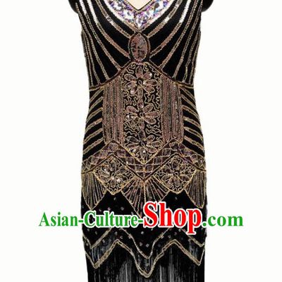 Top Professional Latin Dance Golden Sequins Tassel Black Short Dress Modern Dance Stage Performance Costume for Women