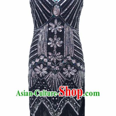 Top Professional Latin Dance Argent Sequins Tassel Black Short Dress Modern Dance Stage Performance Costume for Women