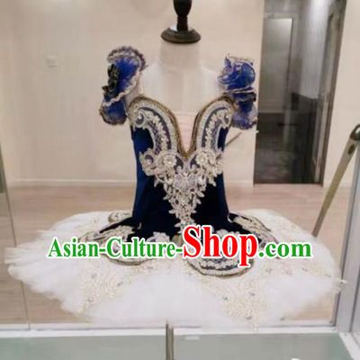Professional Ballet Dance Tutu Embroidered Royalblue Velvet Short Dress Modern Dance Ballerina Stage Performance Costume for Kids