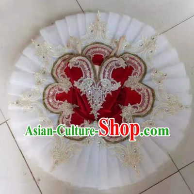 Professional Ballet Dance Tutu Embroidered Red Velvet Short Dress Modern Dance Ballerina Stage Performance Costume for Kids