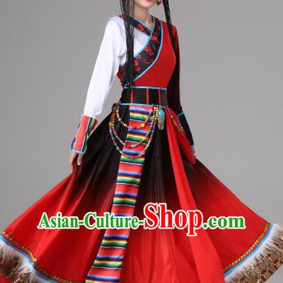 Chinese Traditional Zang Nationality Red Dress Tibetan Ethnic Folk Dance Costume for Women