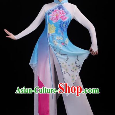 Chinese Traditional Umbrella Dance Fan Dance Printing Peony Dress Classical Dance Stage Performance Costume for Women