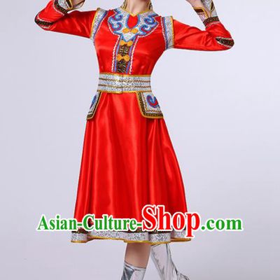 Chinese Traditional Mongol Nationality Stage Show Red Short Dress Mongolian Ethnic Folk Dance Costume for Women