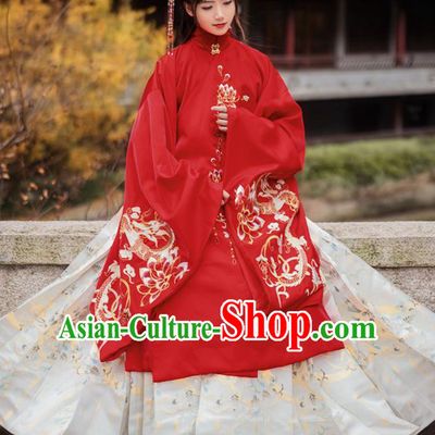 Chinese Traditional Ming Dynasty Princess Wedding Red Brocade Blouse and Skirt Ancient Palace Lady Costumes for Women