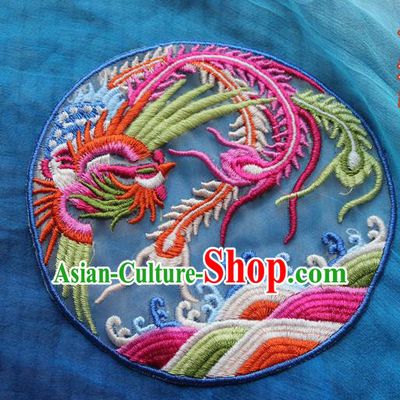 Chinese Traditional Embroidered Phoenix Blue Round Patch Embroidery Craft Embroidering Accessories