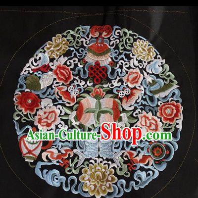 Chinese Traditional Embroidered Lucky Peony Black Round Patch Embroidery Craft Embroidering Accessories