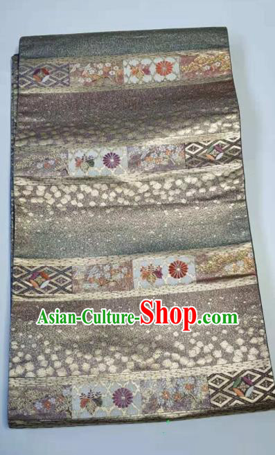 Japanese Geisha Classical Chrysanthemum Pattern Grey Brocade Kimono Belts Traditional Japan Yukata Waistband