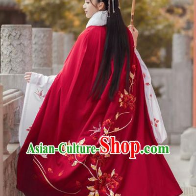 Chinese Traditional Hanfu Embroidered Peony Red Cloak Ancient Royal Princess Cape Costumes for Women