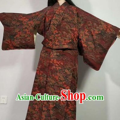 Traditional Japan Geisha Printing Maple Leaf Peony Purplish Red Furisode Kimono Asian Japanese Fashion Apparel Costume for Women