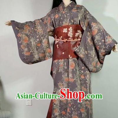 Traditional Japan Geisha Printing Maple Leaf Peony Grey Furisode Kimono Asian Japanese Fashion Apparel Costume for Women