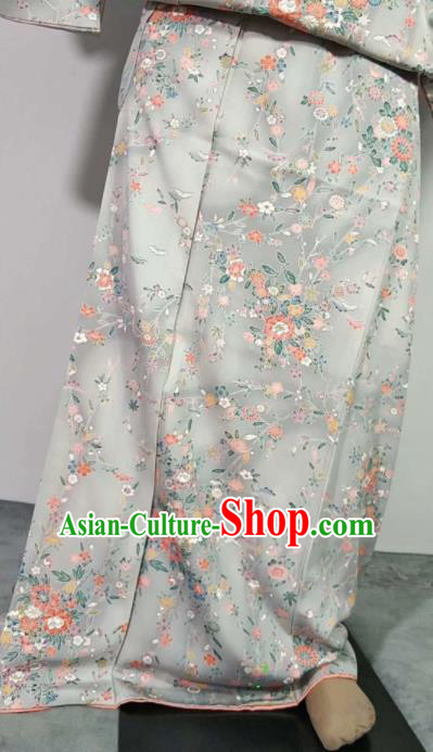 Traditional Japan Geisha Printing Flowers Grey Furisode Kimono Asian Japanese Fashion Apparel Costume for Women Traditional Japan Geisha Printing Flowers Grey Furisode Kimono Asian Japanese Fashion Apparel Costume for Women