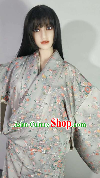 Traditional Japan Geisha Printing Flowers Grey Furisode Kimono Asian Japanese Fashion Apparel Costume for Women Traditional Japan Geisha Printing Flowers Grey Furisode Kimono Asian Japanese Fashion Apparel Costume for Women