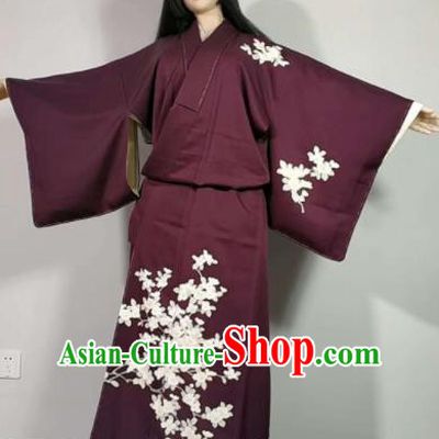 Traditional Japan Geisha Printing Deep Purple Furisode Kimono Asian Japanese Fashion Apparel Costume for Women