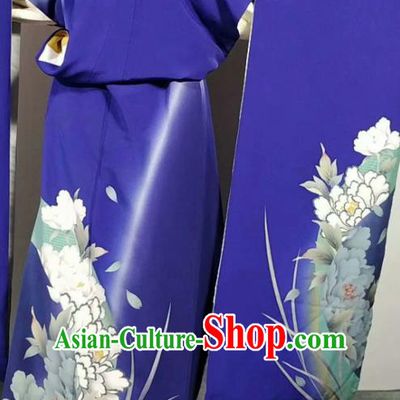 Traditional Japan Geisha Printing Peony Royalblue Brocade Furisode Kimono Asian Japanese Fashion Apparel Costume for Women