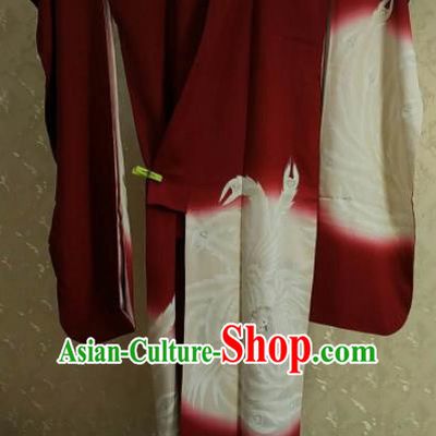 Traditional Japan Geisha Printing Phoenix Red Furisode Kimono Asian Japanese Fashion Apparel Costume for Women
