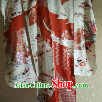 Traditional Japan Geisha Printing Red Silk Furisode Kimono Asian Japanese Fashion Apparel Costume for Women