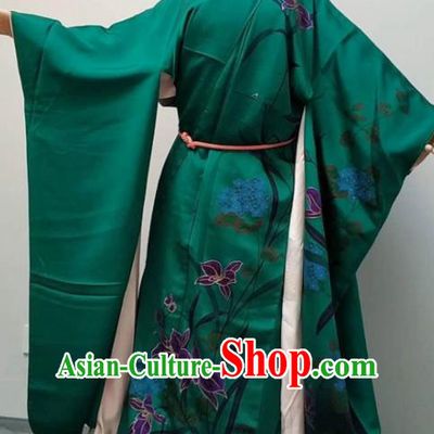 Traditional Japan Geisha Printing Lily Flowers Green Brocade Furisode Kimono Asian Japanese Fashion Apparel Costume for Women