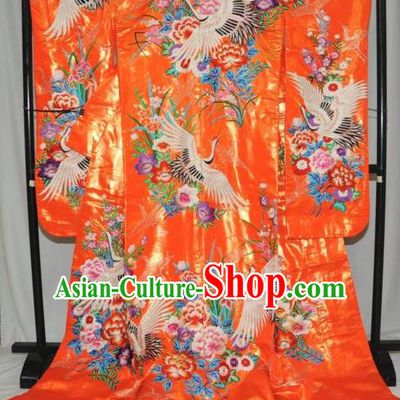 Traditional Japan Geisha Printing Crane Peony Orange Silk Furisode Kimono Asian Japanese Fashion Apparel Costume for Women