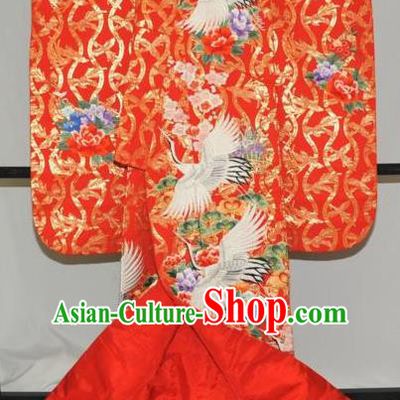 Traditional Japan Geisha Printing Crane Plum Red Silk Furisode Kimono Asian Japanese Fashion Apparel Costume for Women