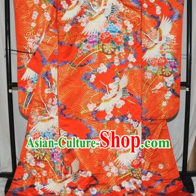 Traditional Japan Geisha Printing Crane Sakura Red Silk Furisode Kimono Asian Japanese Fashion Apparel Costume for Women