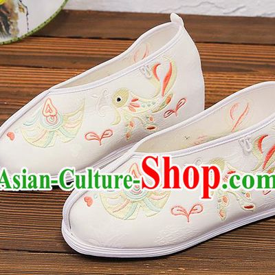 Asian Chinese Traditional Embroidered Bird White Shoes Princess Shoes Opera Shoes Hanfu Shoes for Women