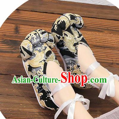 Chinese Traditional Classical Dragon Pattern Black Satin Embroidered Shoes Princess Shoes Opera Shoes Hanfu Shoes for Women