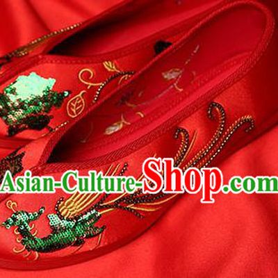 Chinese Traditional Green Sequins Phoenix Red Embroidered Shoes Opera Shoes Hanfu Shoes Wedding Shoes for Women
