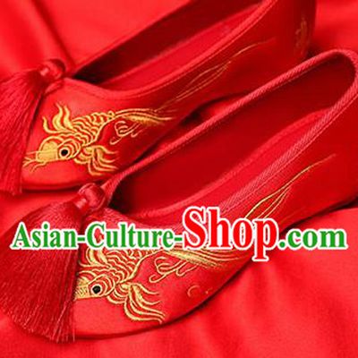 Chinese Traditional Red Embroidered Carp Shoes Opera Shoes Hanfu Shoes Wedding Shoes for Women
