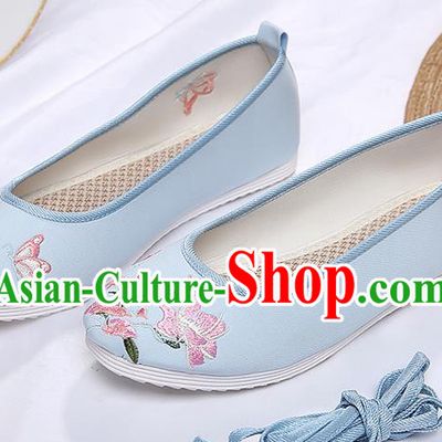 Chinese Traditional Blue Embroidered Flowers Butterfly Shoes Opera Shoes Hanfu Shoes Wedding Shoes for Women