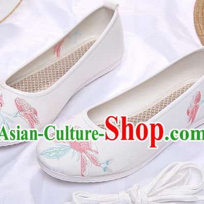 Chinese Traditional White Embroidered Peony Shoes Opera Shoes Hanfu Shoes Wedding Shoes for Women