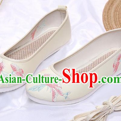 Chinese Traditional Beige Embroidered Peony Shoes Opera Shoes Hanfu Shoes Wedding Shoes for Women