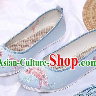 Chinese Traditional Blue Embroidered Peony Shoes Opera Shoes Hanfu Shoes Wedding Shoes for Women