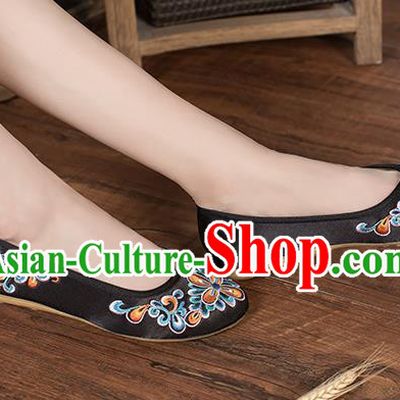Chinese Traditional Embroidered Peach Blossom Black Shoes Opera Shoes Hanfu Shoes Satin Shoes for Women