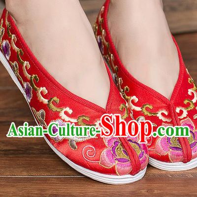 Chinese Traditional Red Satin Embroidered Shoes Opera Shoes Hanfu Shoes Wedding Shoes for Women
