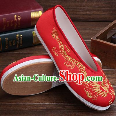 Chinese Traditional Red Embroidered Dragon Shoes Handmade Hanfu Shoes Wedding Shoes for Men