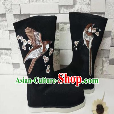 Chinese Traditional Embroidered Bird Black Boots Handmade Hanfu Shoes Ancient Swordsman Shoes for Men