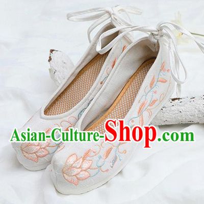 Chinese Traditional Embroidered Lotus White Shoes Opera Shoes Hanfu Shoes Wedding Shoes for Women