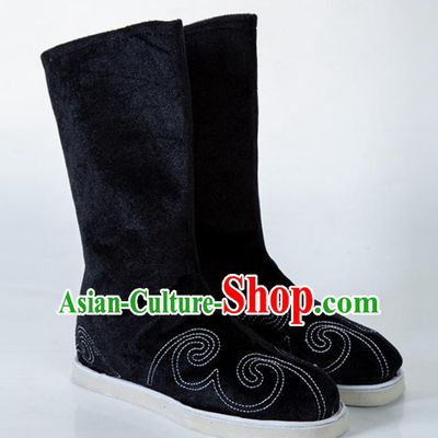 Chinese Traditional Black Embroidered Boots Handmade Hanfu Shoes Ancient Swordsman Shoes for Men