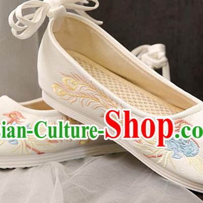 Chinese Traditional White Embroidered Phoenix Peony Shoes Opera Shoes Hanfu Shoes Wedding Shoes for Women