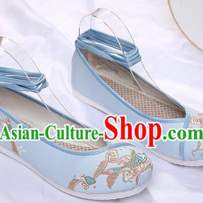 Chinese Traditional Blue Embroidered Carp Shoes Opera Shoes Hanfu Shoes Wedding Shoes for Women
