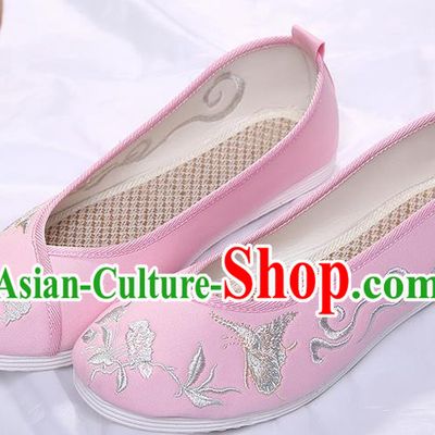 Chinese Traditional Pink Embroidered Butterfly Orchid Shoes Opera Shoes Hanfu Shoes Wedding Shoes for Women