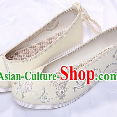 Chinese Traditional Beige Embroidered Butterfly Orchid Shoes Opera Shoes Hanfu Shoes Wedding Shoes for Women
