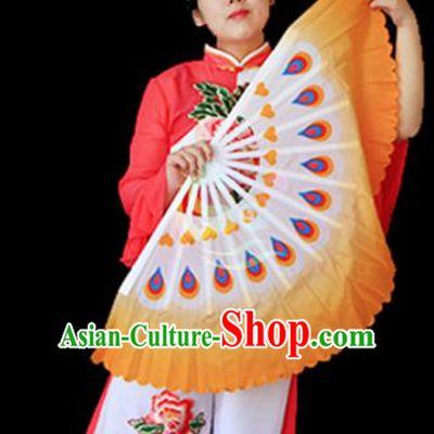 Traditional Chinese Folk Dance Orange Ribbon Mulan Fan Stage Performance Yangko Dance Silk Folding Fan