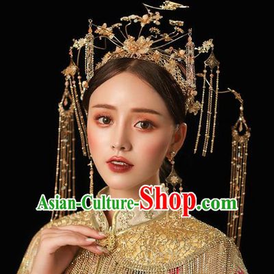 Chinese Traditional Wedding Bride Golden Pine Birds Phoenix Coronet Hairpins Hair Accessories for Women