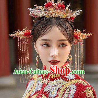 Chinese Traditional Wedding Bride Phoenix Coronet Hair Comb and Tassel Hairpins Hair Accessories for Women