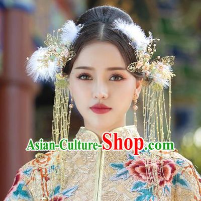 Chinese Traditional Wedding Bride Hair Comb and Feather Tassel Hairpins Hair Accessories for Women