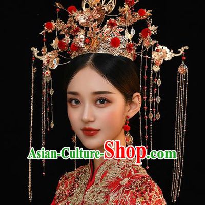 Chinese Traditional Ancient Bride Red Venonat Phoenix Coronet Wedding Hair Accessories for Women