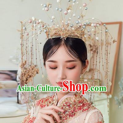 Chinese Traditional Ancient Bride Beads Phoenix Coronet Wedding Hair Accessories for Women