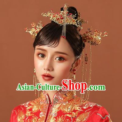 Chinese Traditional Wedding Bride Golden Hair Comb and Tassel Hairpins Hair Accessories for Women